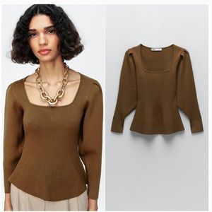 Zara Khaki Brown Knit Peplum Square Neck Sweater